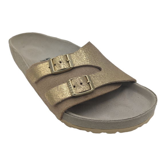 Birkenstock Vaduz Slide Sandal Gold Tone Leather Tan Suede Buckle 41